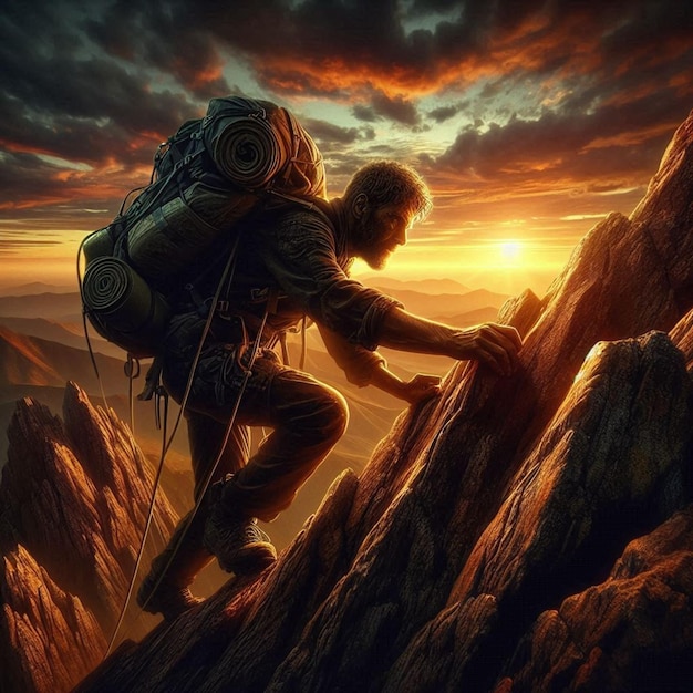 a man with a backpack climbing a mountain at sunset