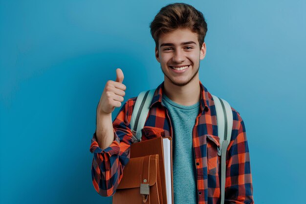 A man with a backpack giving a thumbs up