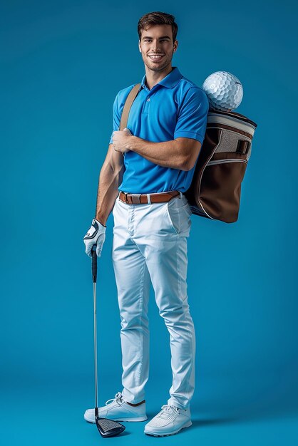 Photo a man with a backpack and a golf ball on his shoulder