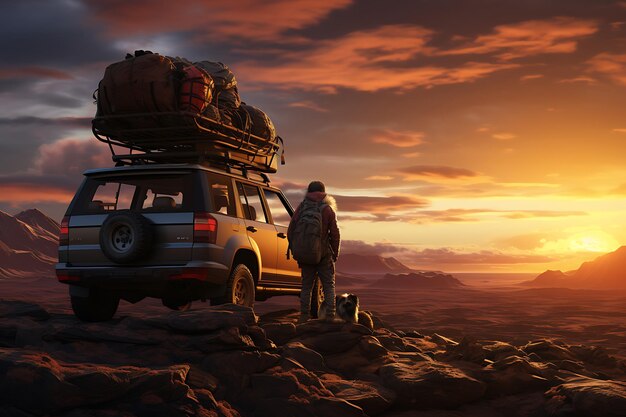 A man with a backpack on his back is standing on the side of the road and looking at the sunset with car