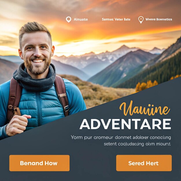 a man with a backpack on his back stands in front of a mountain with mountains in the background