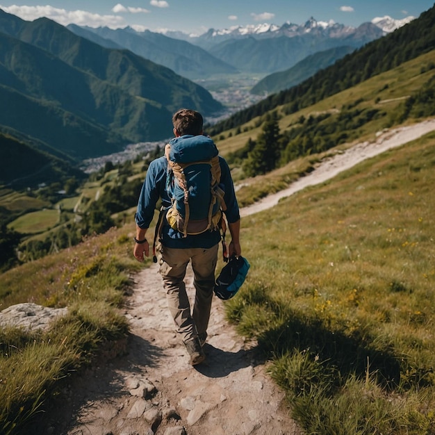 Photo a man with a backpack on his back stands on a mountain with mountains in the background