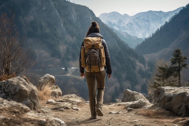 A man with a backpack is standing on the edge of a mountain A female hiker walking in the mountains no visible faces natural background AI Generated