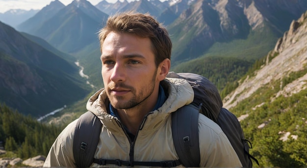 Photo a man with a backpack is standing in front of a mountain