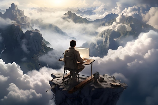 Man with Backpack and Laptop Sitting on Mountain Peak at Sunrise