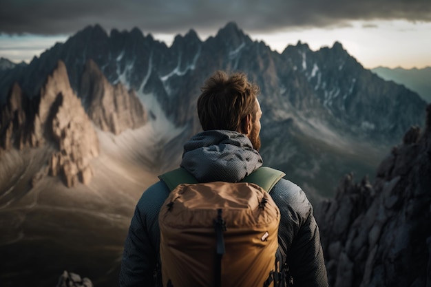 A man with a backpack looking at the mountains