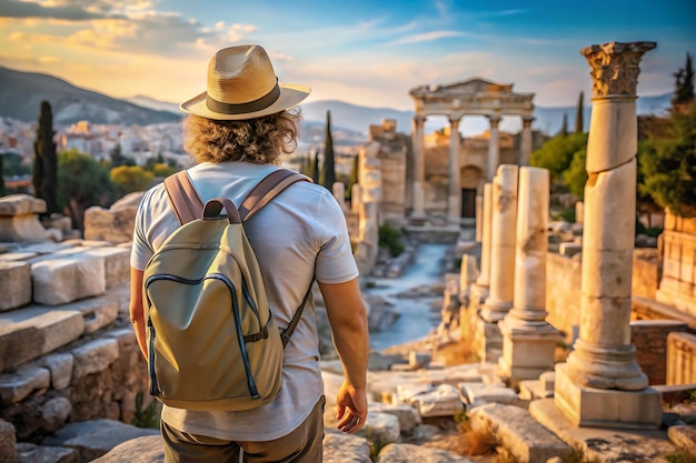 a man with a backpack looking at the ruins of the ancient city