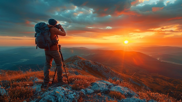 a man with a backpack looking at the sunset