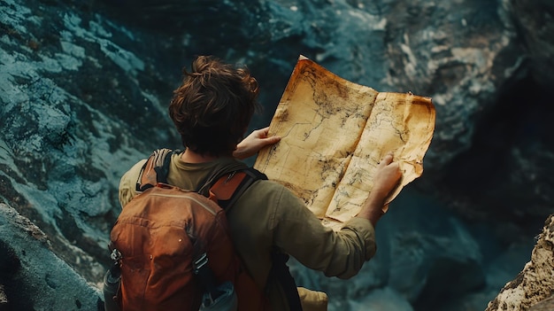 Photo man with backpack reading an old map in a rocky wilderness