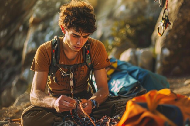 Photo a man with a backpack sits on the ground crafting a rope in nature