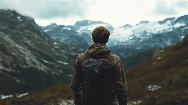 Photo man with backpack standing in front of a mountain range