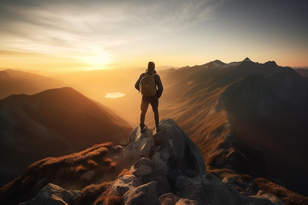 A man with backpack standing on top cliff with mountain view during sunset Generative ai