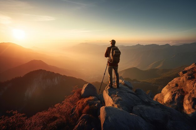 A man with backpack standing on top cliff with mountain view during sunset Generative ai