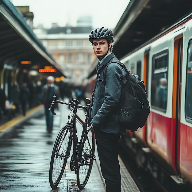 Photo a man with a backpack stands next to a bike on a platform