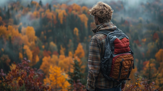 a man with a backpack stands in front of a forest with a forest in the background