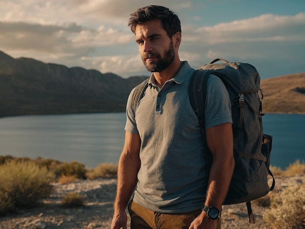 Photo a man with a backpack stands in front of a lake and mountains in the background