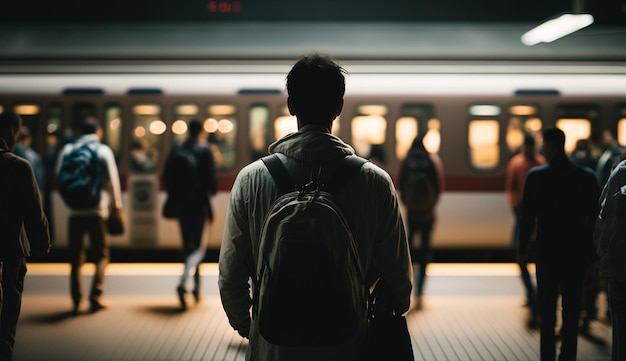 A man with a backpack stands in front of a train at night.