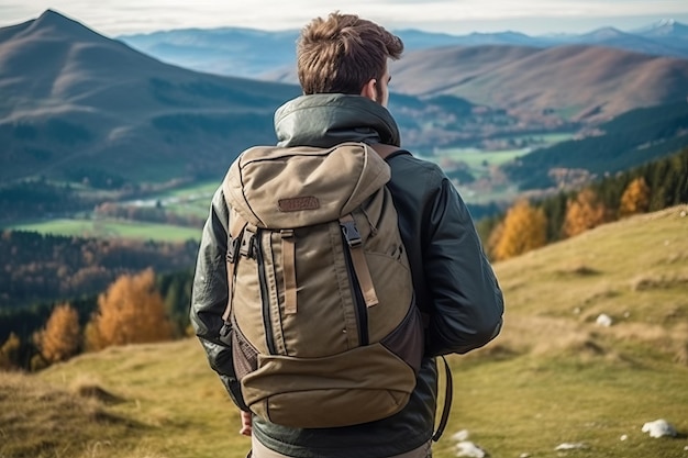 A man with a backpack stands on a hill looking at a mountain landscape