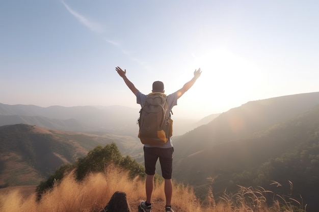 A man with a backpack stands on a mountain top with his arms raised.