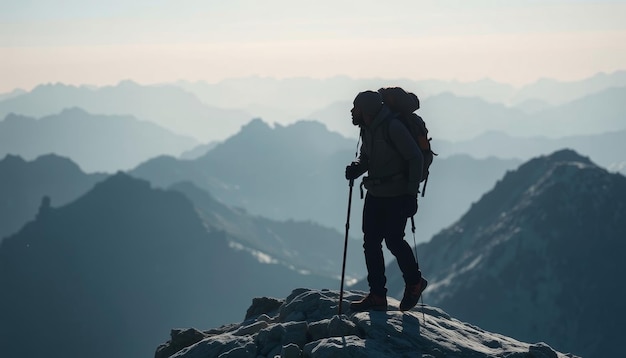 Photo a man with a backpack stands on a mountain top