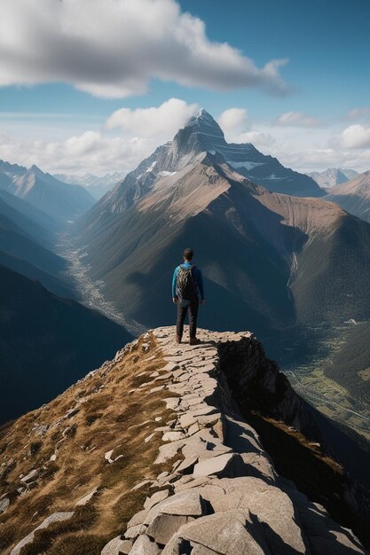 a man with a backpack stands on a mountain top