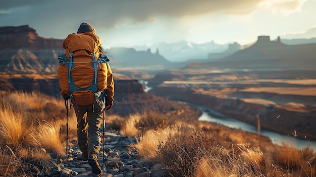 Photo a man with a backpack stands on a rocky trail in front of a river and mountains in the background