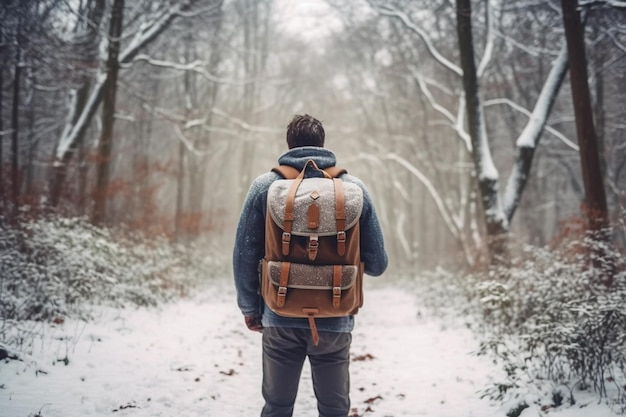 A man with a backpack stands in a snowy forest.