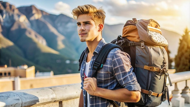 a man with a backpack stands with a mountain in the background