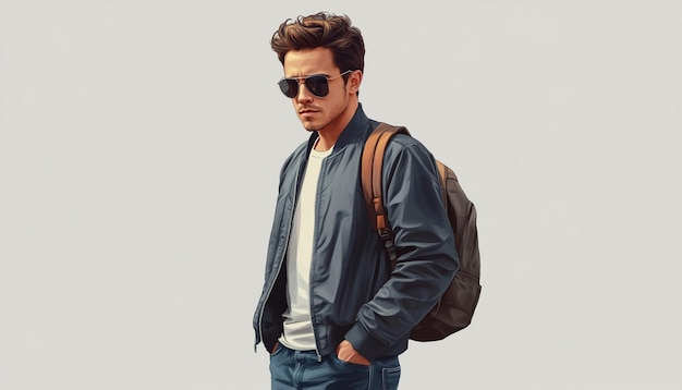 a man with a backpack and sunglasses is standing in front of a gray background