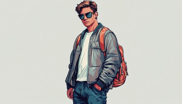 a man with a backpack and sunglasses is wearing a jacket