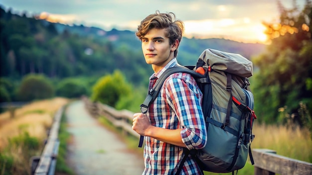 a man with a backpack that says quot he is walking quot on a dirt road