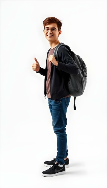 a man with a backpack that says thumbs up