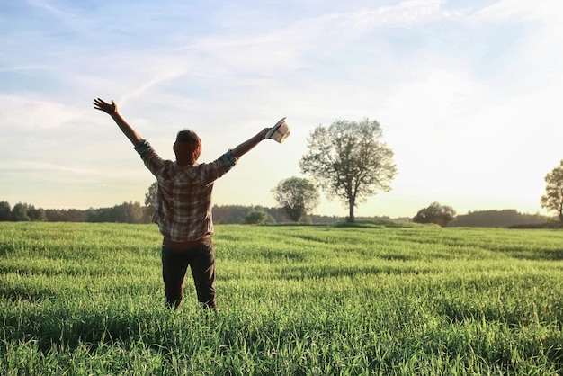 Man with backpack trip nature