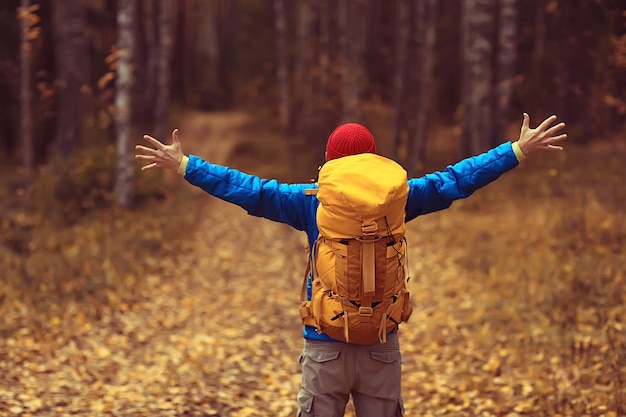 man with  backpack a view from the back, hiking in the forest, autumn landscape, the back of  tourist with a backpack