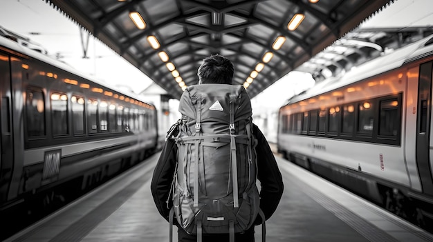 Photo man with backpack waiting for train at station