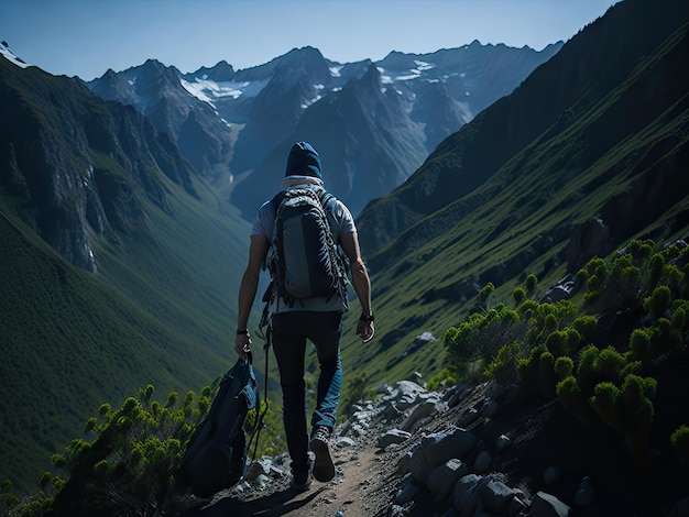 Man with a backpack walking among the mountains ai generative