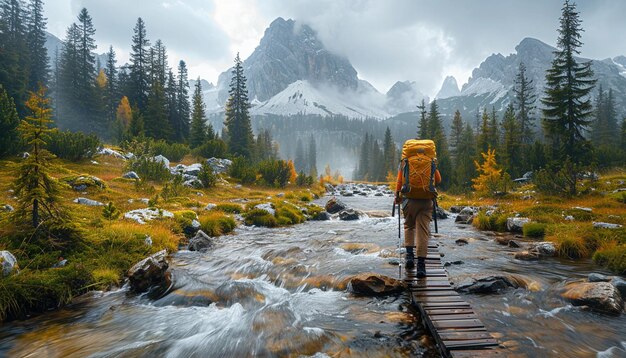 Photo a man with a backpack walks across a bridge in the mountains