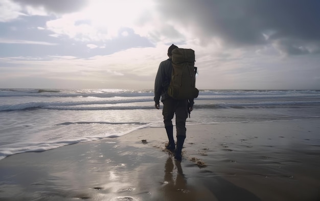 A man with a backpack walks on a beach traveler hiking outdoor adventure ai generated