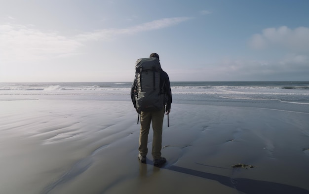 Photo a man with a backpack walks on a beach traveler hiking outdoor adventure ai generated