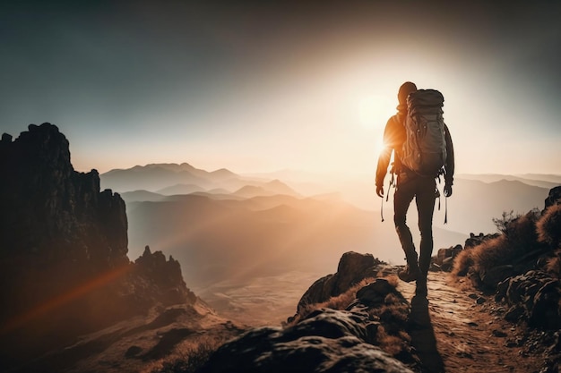 A man with a backpack walks on a mountain.