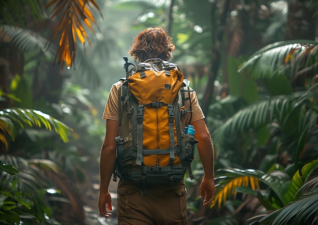 a man with a backpack walks through a forest with a large yellow back pack