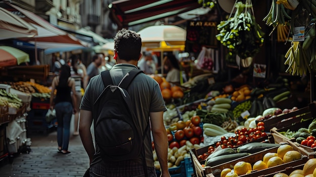 a man with a backpack walks through a market with vegetables