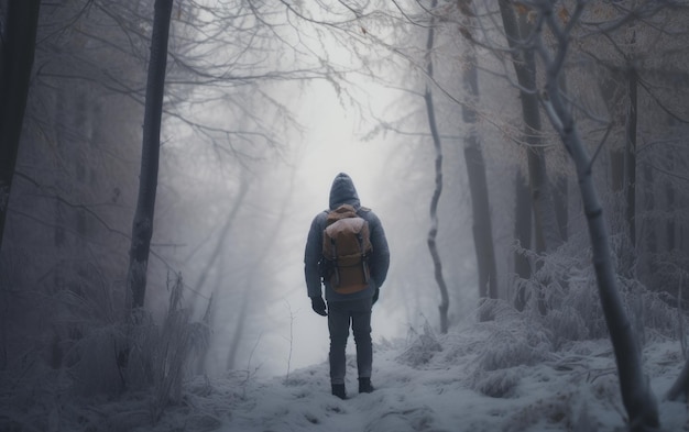 A man with a backpack walks through a snowy forest traveler hiking outdoor adventure ai generated