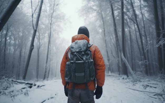 A man with a backpack walks through a snowy forest traveler hiking outdoor adventure ai generated