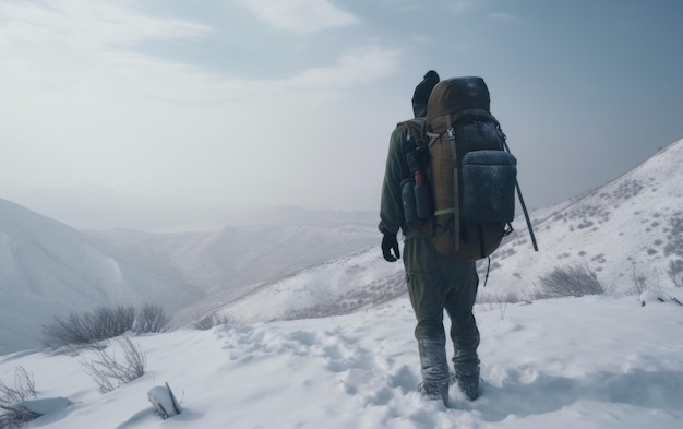 A man with a backpack walks through a snowy mountain forest hiking outdoor adventure ai generated