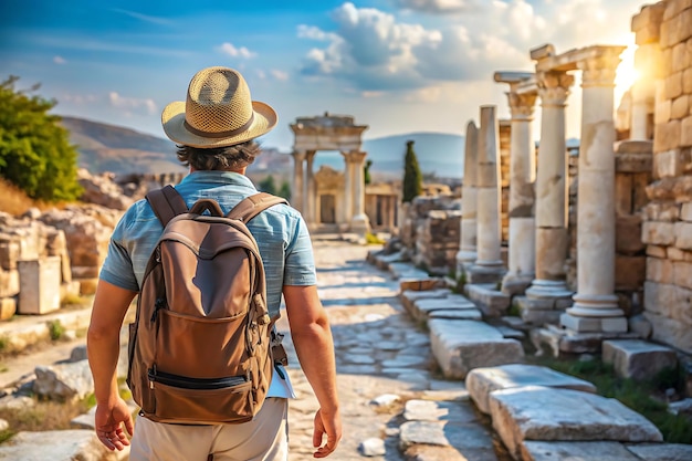 a man with a backpack walks up a hill with the ruins in the background