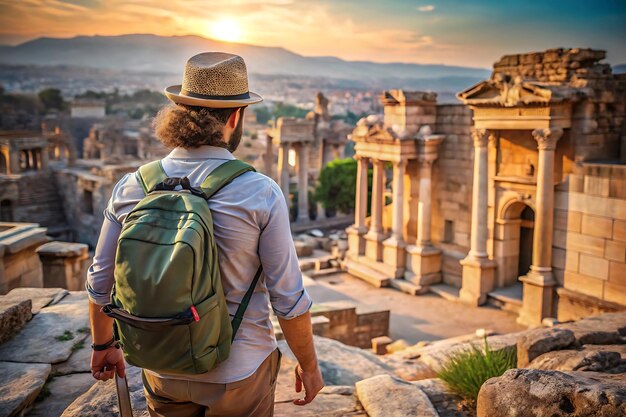 Photo a man with a backpack walks up a stone steps with the ruins in the background