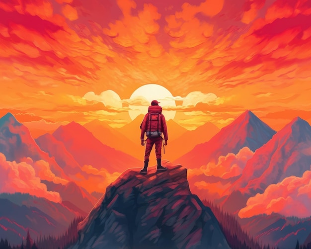 A man with backpack watches a red sunset on mountain Generative AI