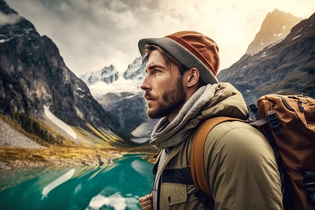 Man with a backpack wearing a cap walking on a foggy cloudy mountain path with a backpack