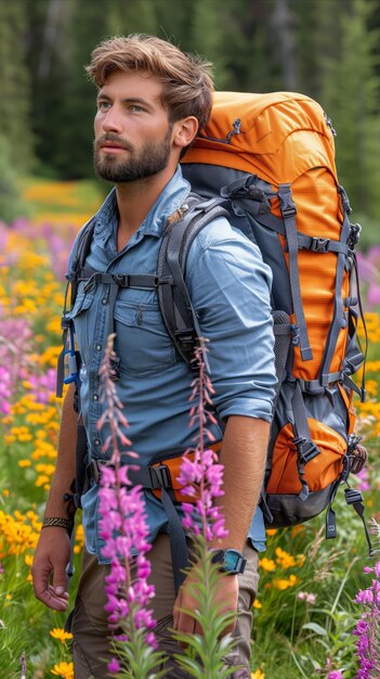 Man With Backpack in Wildflower Field